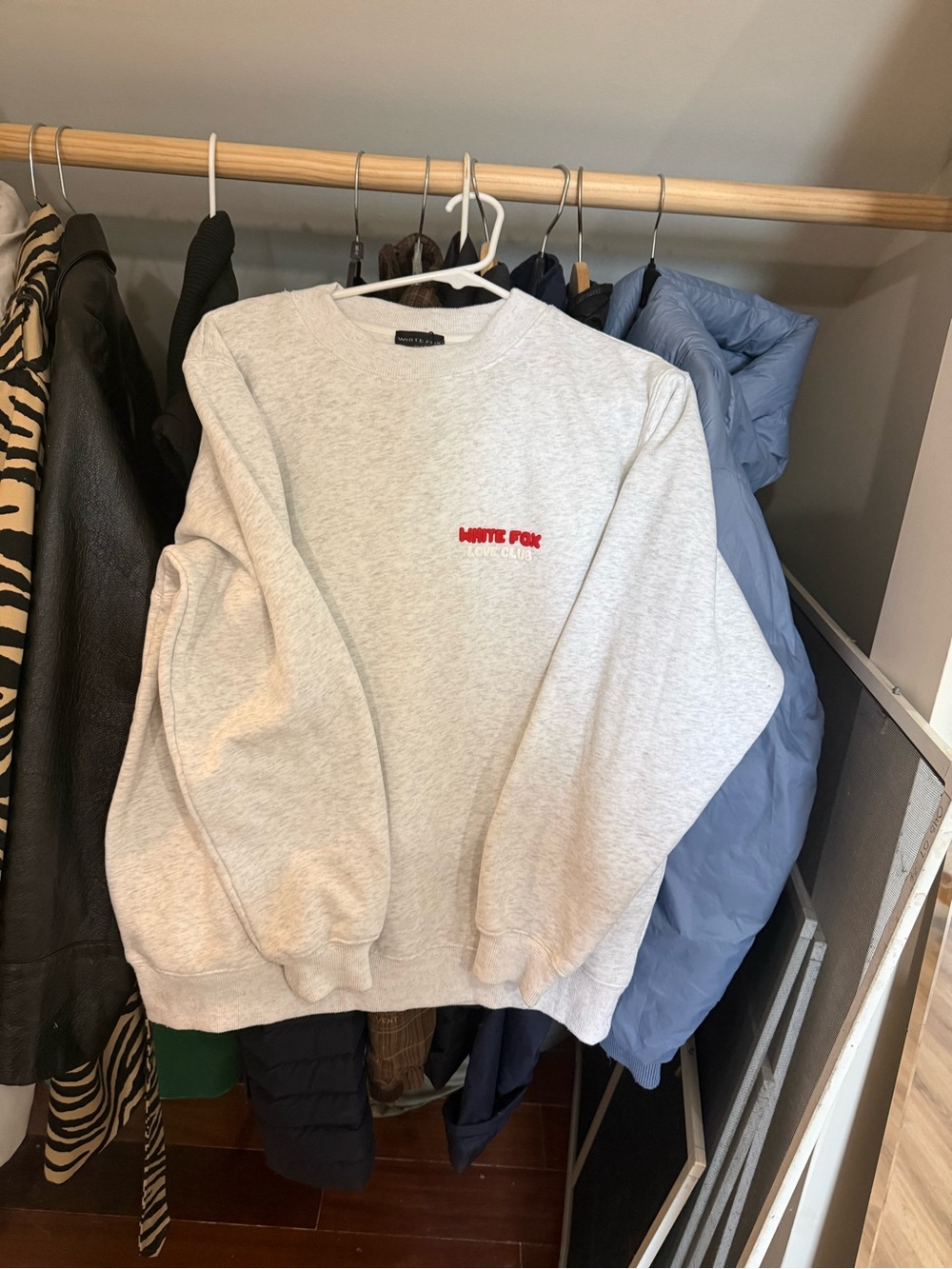 White Fox womens Crewneck Sweatshirt in Light Gray with Red Logo
